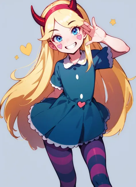 masterpiece, highest quality, best quality, 1girl, solo, looking at viewer,
star butterfly, blonde hair, blue eyes, facial mark, fake horns, hairband, heart cheeks, horned headwear, long hair, pantyhose, striped pantyhose, <lora:my_StarButterfly_v1:0.55>
lozhkin, grin, accurate teeth with gaps <lora:lozhkin_V1:0.1>
