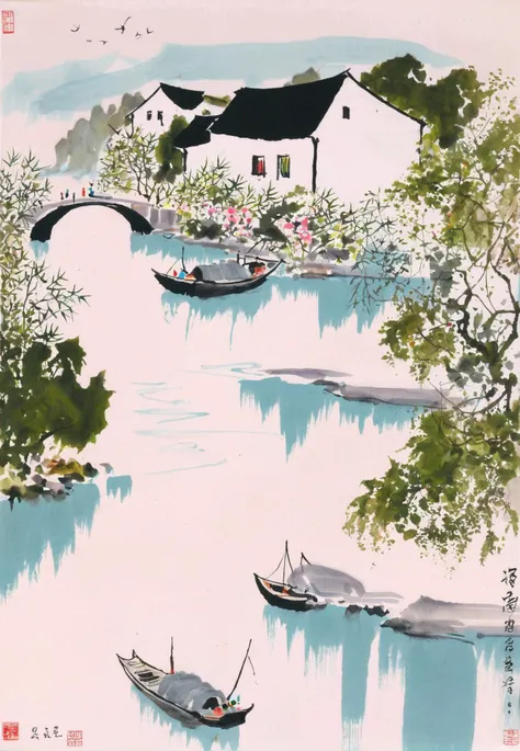 a painting of a river, a house, boat<lora:Jiangnan-Watertown-sdxl_v1-000007:0.8> ,QIEM6NCN,