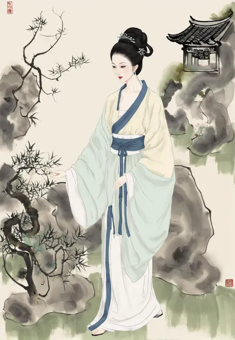 a skirt with <lora:Jiangnan-Watertown-sdxl_v1-000007:0.8> ,QIEM6NCN, solo,antiquities,chinese style,1girl with a slender (or slim) figure in the tang and song dynasties,Graceful poses,delicate attire,serene expressions,cultural richness,timeless charm,black hair,hair ornament,woman in chinese painting,ladies-illustration<lora:ladies-illustration_xl_v5-000008:0.6>