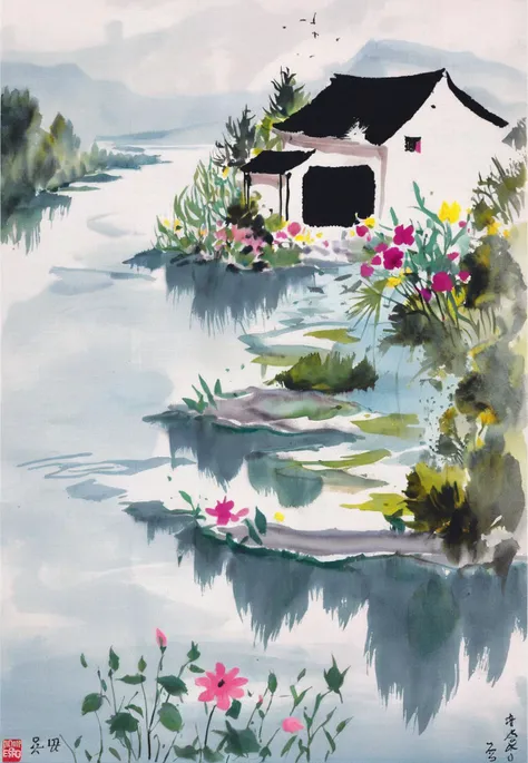 a house, a river, flower, <lora:Jiangnan-Watertown-sdxl_v1-000007:0.8> ,QIEM6NCN,