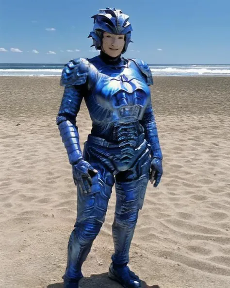 <lora:hirogen_lora:0.8> hirogen, female, alien woman, leathery bumpy skin, wearing eyeshadow, blue metal sci-fi armor suit, wearing helmet, feminine, large breasts, slight smile, hands on hips pose, black eyes, raw photo, sunny day, summer, beach