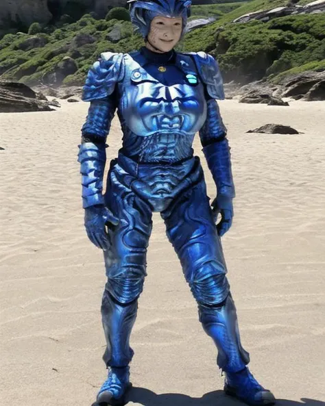 <lora:hirogen_lora:0.8> hirogen, female, alien woman, leathery bumpy skin, wearing eyeshadow, blue metal sci-fi armor suit, wearing helmet, feminine, tall:1.2, large breasts, slight smile, hands on hips pose, black eyes, raw photo, sunny day, summer, beach