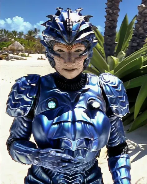 <lora:hirogen_lora:0.8> hirogen, female, alien woman, leathery bumpy skin, wearing eyeshadow, blue metal sci-fi armor suit, wearing helmet, feminine, large breasts, slight smile, black eyes, raw photo, sunny day, summer, ocean, palm trees