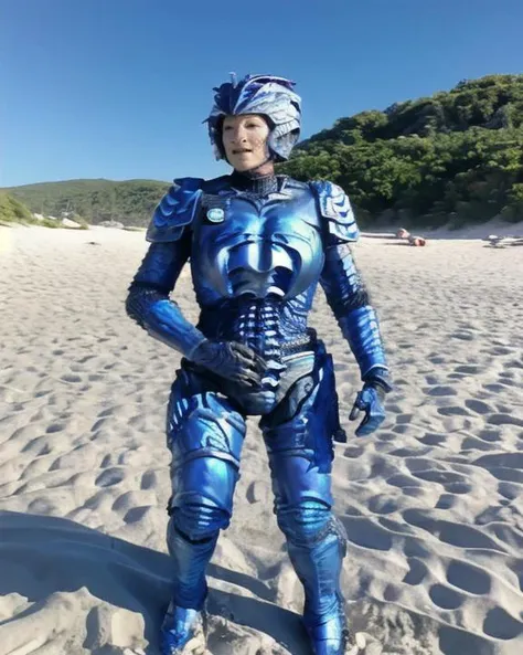 <lora:hirogen_lora:0.8> hirogen, female, alien woman, leathery bumpy skin, wearing eyeshadow, blue metal sci-fi armor suit, wearing helmet, feminine, large breasts, slight smile, hands on hips pose, black eyes, raw photo, sunny day, summer, beach