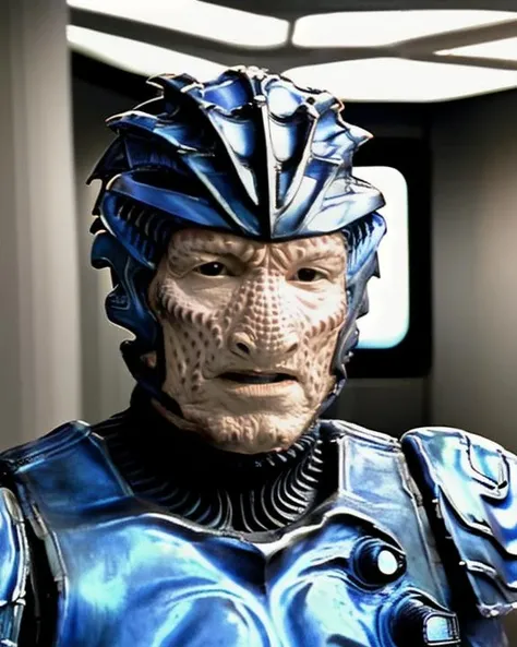 hirogen, alien man, male, leathery bumpy skin, black eyes, wearing blue metal sci-fi armor suit, wearing helmet, medium shot, posed portrait, headshot, professional headshot, modeling headshot, professional portrait photo, front view, indoors, sci-fi starship background, centered subject, raw photo <lora:hirogen_lora:0.8>