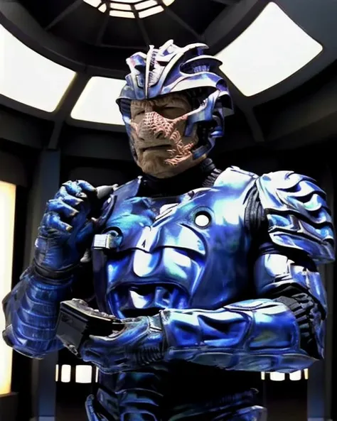 hirogen, alien man, male, leathery bumpy skin, black eyes, wearing blue metal sci-fi armor suit, wearing helmet, wearing metal armored gloves, medium shot, front view, standing, sci-fi starship background, centered subject, raw photo <lora:hirogen_lora:0.8>