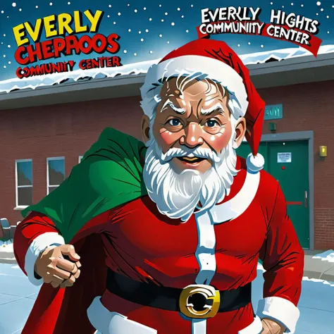 Santa Clause at the EVERLY HEIGHTS COMMUNITY CENTER, superhero movie poster <lora:Everly Heights TaleSpinner:1>