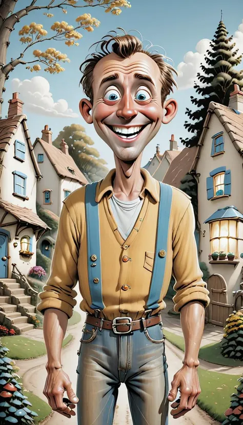 <lora:Everly Heights TaleSpinner:1> A cheerful BillMeeks man with wide eyes and a big smile stands in front of a picturesque village with quaint houses tall trees and a clear blue sky.