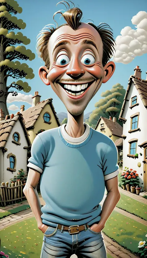 <lora:Everly Heights TaleSpinner:1> A cheerful BillMeeks man with wide eyes and a big smile stands in front of a picturesque village with quaint houses tall trees and a clear blue sky.