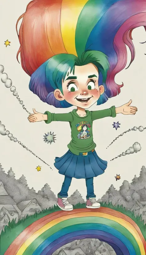 <lora:Everly Heights TaleSpinner:1> A children's book illustration of a 19-year-old InfiniteTina girl with rainbow hair as she falls through the multiverse. Trippy children's art in the style of Shel Silverstein.