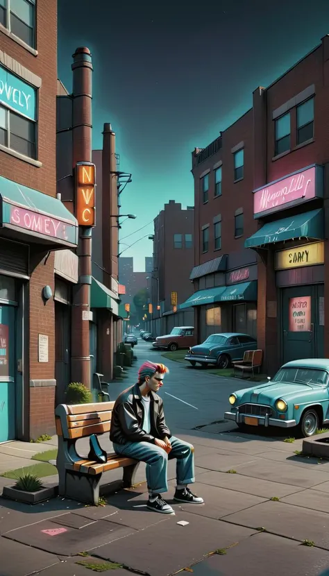 <lora:Everly Heights TaleSpinner:1> Street photography style of a 1990s urban city block, with vintage cars, fashion styles, and neon signage, with a lonely man sitting on a bench remembering somebody he lost. Inspired by 1990s indie film, cinematic composition, trending on artstation.