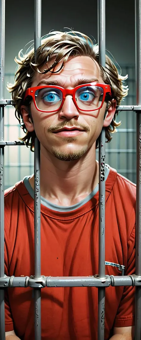 A white BillMeeks man in red glasses locked inside Disney jail<lora:Everly Heights TaleSpinner:1>