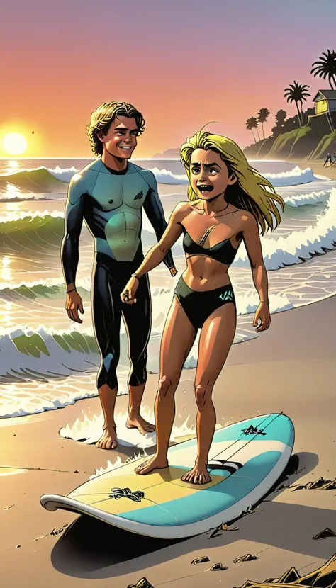 <lora:Everly Heights TaleSpinner:1> Still from CW TV show. A 1990s beach party at sunset, where a laid-back teenage surfer dude with sun-bleached hair teaches a shy teenage girl the art of surfing, the waves gently lapping at their feet, as a bonfire crackles and friends gather around.