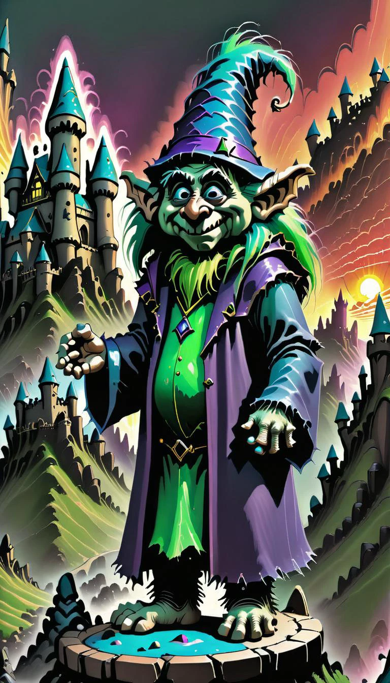 <lora:Everly Heights TaleSpinner:1> A dark troll wizard with green fur and a purple hat stands against a backdrop of a vibrant sunset overlooking a castle on a distant mountain.