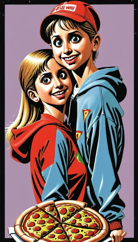 <lora:Everly Heights TaleSpinner:1> VHS cover art for "I FELL IN LOVE WITH ME", featuring a 1990s( 19-year-old Sarah Michelle Gellar wearing a bright pizza delivery uniform:1.2), falling in love with (a past version of herself in jeans and a hooded sweatshirt:1.2). Wacky twin movie.