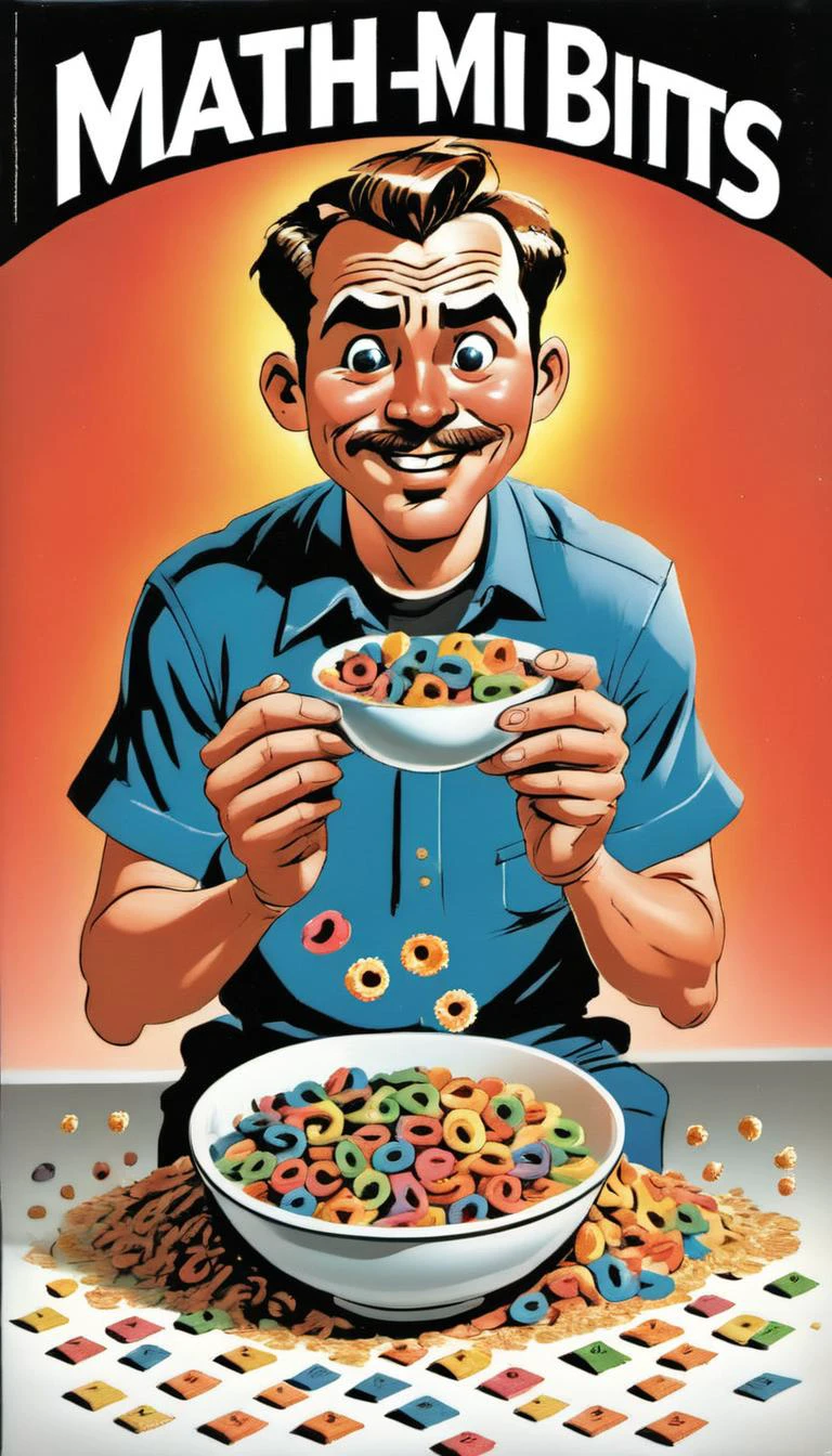 <lora:Everly Heights TaleSpinner:1> A magazine ad for "MATH BITS", with promotional art of a 30-year-old BillMatheson man dumping math-shaped cereal into his bowl.