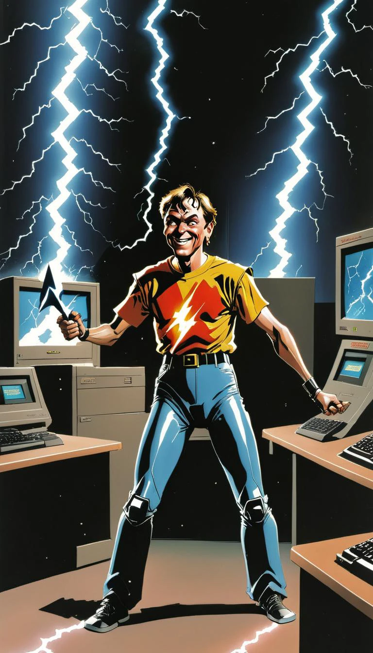 <lora:Everly Heights TaleSpinner:1> VHS cover art for "CYBERWIZARD: REBOOT", featuring the Cyberwizard hurling a bolt of lightning at Bill Gates, who laughs as it hits him. Set in the Microsoft offices circa 1995. Classic 90s comedy film still. Directed by Quentin Tarantino.