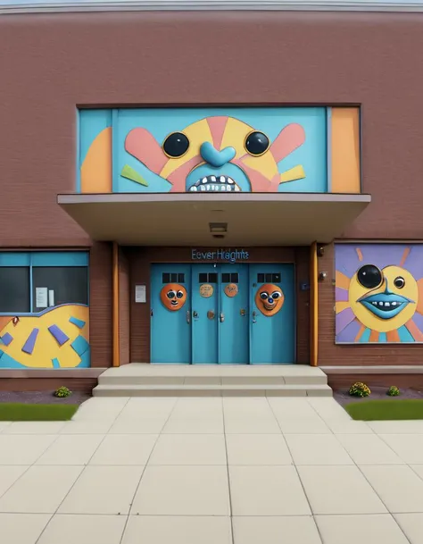the Everly Heights Community Center with funky faces painted on it <lora:Everly Heights TaleSpinner:1>