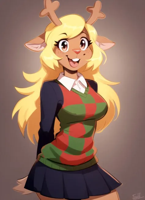 noelle, furry female anthro, deer girl, teeth, standing, portrait, skirt, checkered sweater, solo, (body fur:1.2), (best quality), (abstract background:1.2), small breasts, dramatic lighting, (detailed fluffy fur:1.1), looking at viewer, smile, open mouth, <lora:noelle-v1:1>