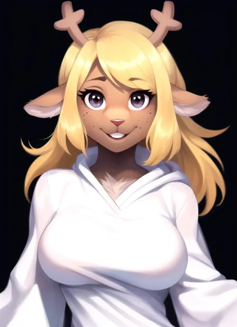 noelle, furry female anthro, deer girl, black eyes, portrait, (crazy eyes, wide-eyed:1.2), (crazy smile:1.2), white robe, hooded robe, solo, (body fur:1.2), (best quality), (dark misty dream background:1.2), medium breasts, darkness, (detailed fluffy fur:1.1), looking at viewer, <lora:noelle-v1:1>