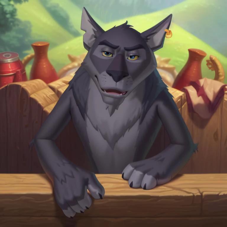 seriy volk, solo, male, naughty face, looking at viewer, ear ring, grey fur, 4 fingers, [by terry grimm:by lynncore:0.6] <lora:SeriyVolk-Fluffusion_r1e20v0.0-step2000:1>