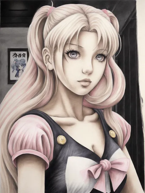 Manga illustration Poster color, Sailor Moon, long blond hair, wearing pink short sleeves, Shibuya street, street photo, photo pose, record store entrance, wearing 90's street clothes, front <lora:PenciLora:0.7> (artgirtstyle), (artgirtstyle2), (artgirtstyle3)