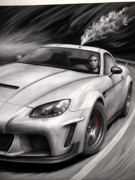 Sports car drifting around a corner, motion blur, narrow depth of field, lens flare, dynamic angle, asphalt spray, high octane energy, color gray <lora:PenciLora:0.7> (artgirtstyle), (artgirtstyle3), (artgirtstyle2)