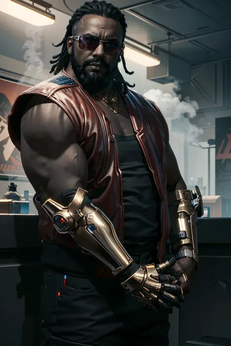 ((ultra detailed, masterpiece, best quality))
<lora:CyberDexter:0.8>
CyberDexter, 1boy, solo, very dark skin, single mechanical arm, fat, sunglasses, smoke, Medium shot