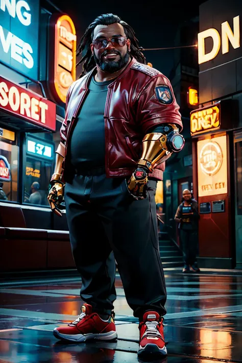 CyberDexter, fat man, very dark skin, single mechanical arm, fat, braided hair, facial hair, wearing a jacket, sunglasses, pants, shoes, looking at viewer, smiling, standing,outisde, city, street, neon lighting, high quality, masterpiece, <lora:CyberDexter:.8>