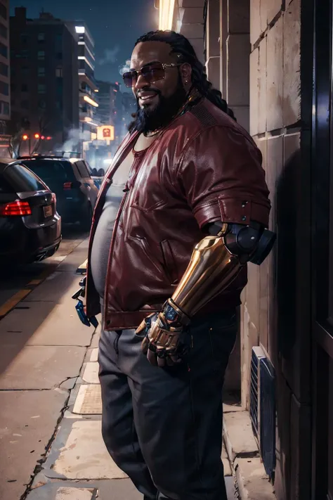 CyberDexter, fat man, very dark skin, single mechanical arm, fat, braided hair, facial hair, wearing a jacket, sunglasses, pants,looking at viewer, smiling, teeth,standing, outside, apartment hallway, dark, dim light, smoke, high quality, masterpiece, <lora:CyberDexter:.8>