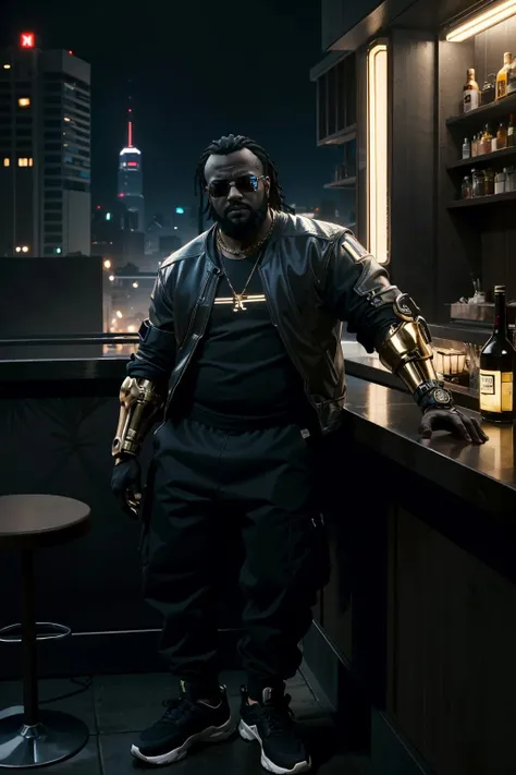 ((ultra detailed, masterpiece, best quality))
<lora:CyberDexter:0.8>
CyberDexter, 1boy, solo, very dark skin, single mechanical arm, fat, On a sleek rooftop bar, casual yet stylish streetwear, city lights illuminating the night, leaning against a chic bar counter