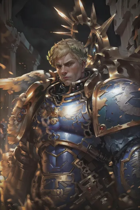 ((best quality)), ((masterpiece)), ((realistic)), (detailed), portrait, close up, 1man, 48 years old, tall stature, grim face, mature, battle aged, looking at the viewer, blond hair, blue eyes, short hair, full armor, power armor, ((laurel wreath)), (glowing halo), tall stature, metal wings, massive, pauldron, (((pointing at the viewer))), war background, ruins, (guilliman:1.4),  <lora:rg mk3:0.75> stunning gradient colors, detailed background, absurdres, HDR