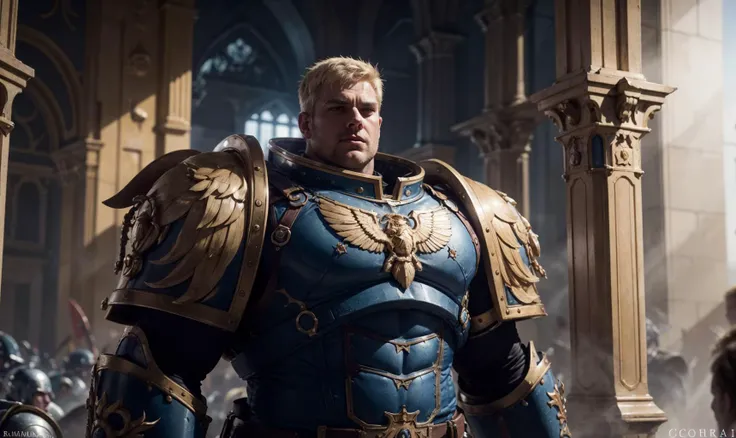 RAW candid cinema, 16mm, color graded portra 400 film, remarkable color, ultra realistic, shot with cinematic camera, masterpiece, best quality, midbody closeup, <lora:rg mk3:0.5> , Warhammer,
1man, battle hardened, big, bulky blue full body Armour, standing proud, handsome man face, blond hair, halo, gothic palace background,