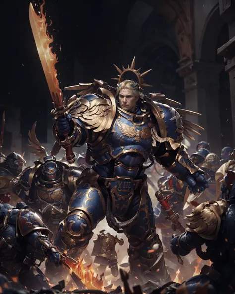 8K masterpiece, detailed, realistic, digital art, octane render, trending on artstation, action SHOT, movie poster,
1man, grim, sharp features, mature, masculine, ((sqare jaw)), chiseled, focused, 48 years old, blonde hair, blue eyes, short hair,
(guilliman:1.1),
<lora:rg mk3:0.7> <lora:artstyle - Miura_08:0.3>