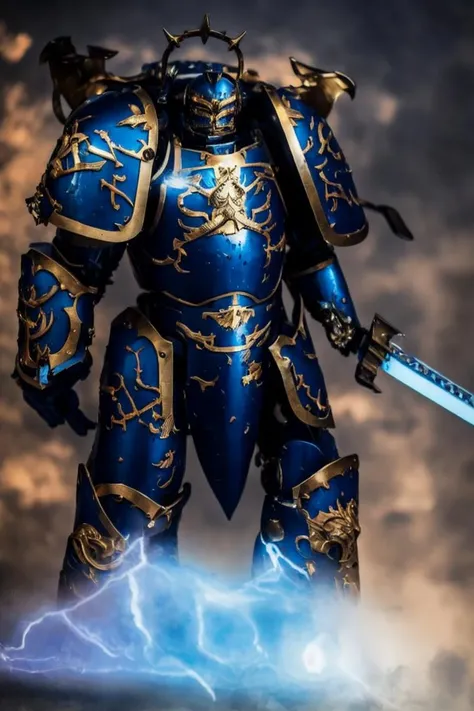 JOSUKE, FULL BODY, MECHA BODY ARMOR, BLUE BODYARMOR, (POWER ARMOR1.4), DETAILED ARMOR, LAUREL CROWN, HALO, FLAMING GIANT SWORD, SHOULDER ARMOR, GAUNTLET, METALLIC WINGS, PAULDRON, <lora:robute_guilliman_mk1-000010:0.7> <lora:artstyle - photorealistic_v10:.5> <lora:subject - josukejojo2:0.7>