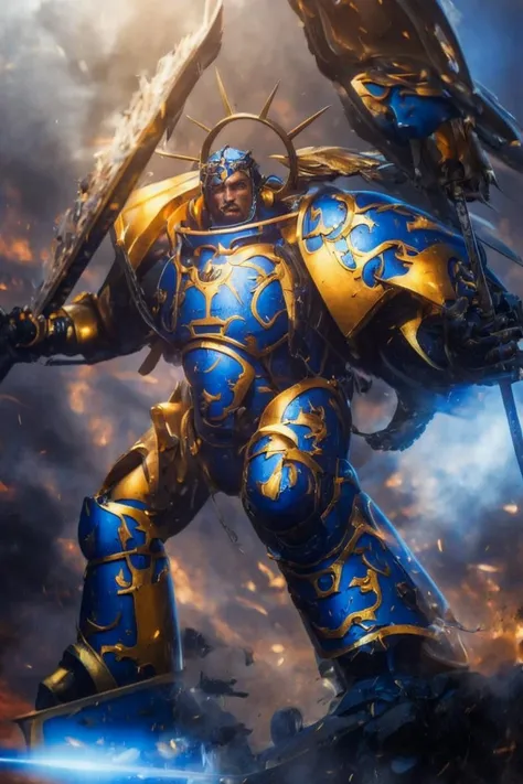JOSUKE, FULL BODY, MECHA BODY ARMOR, BLUE BODYARMOR, (POWER ARMOR1.4), DETAILED ARMOR, LAUREL CROWN, HALO, FLAMING GIANT SWORD, SHOULDER ARMOR, GAUNTLET, METALLIC WINGS, PAULDRON, <lora:robute_guilliman_mk1-000010:0.7> <lora:artstyle - photorealistic_v10:.5> <lora:subject - josukejojo2:0.7>