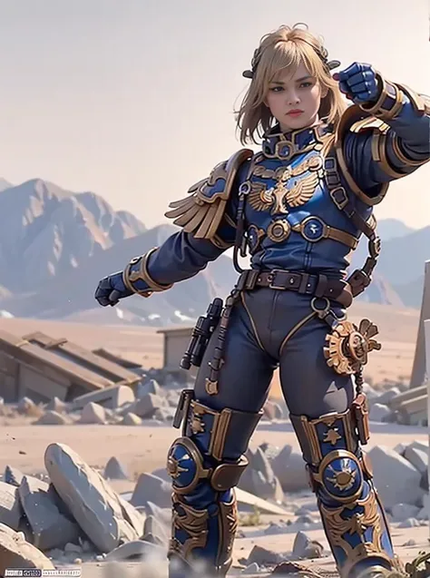 8K masterpiece, detailed, realistic, digital art, octane render, trending on artstation, action, propaganda poster, military poster,
1girl, 18 years old, tall stature, battle aged, ((solo:1.5)), full body, blonde hair, blue eyes, short hair,
full armor, power armor, laurel wreath, glowing halo, metal wings, pauldron,
desert wasteland, war background,
(guilliman:1), ((pointing at camera:1.4))
<lora:Guilliman MK3 by Caraxes:0.5> <lora:cosmetic - cuteGirlMix4_v10:0.7>