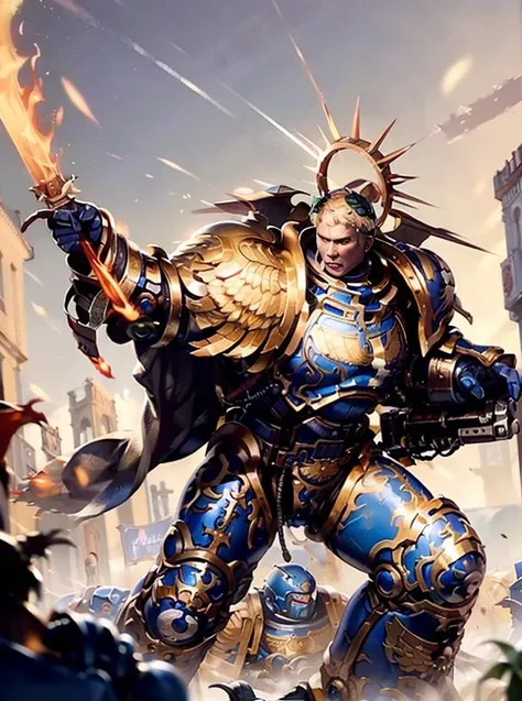 8K masterpiece, detailed, realistic, digital art, octane render, trending on artstation, action SHOT, movie poster,
1man, 48 years old, tall stature, battle aged, ((solo:1.5)), full body, blonde hair, blue eyes, short hair,
full armor, power armor, laurel wreath, glowing halo, metal wings, pauldron,
desert wasteland, war background, RUNNING TOWARDS CAMERA, brandishing sword,
(guilliman:1.4), ((pointing at camera:1.4)), blood splatter,
<lora:Guilliman MK3 by Caraxes:0.88> <lora:artstyle - SydMead_style:0.65>