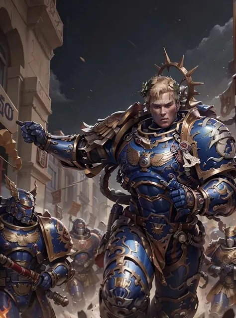 8K masterpiece, detailed, realistic, digital art, octane render, trending on artstation, action SHOT, poster,
1man, 48 years old, tall stature, battle aged, ((solo:1.5)), full body, blonde hair, blue eyes, short hair,
full armor, power armor, laurel wreath, glowing halo, metal wings, pauldron,
desert wasteland, war background, RUNNING TOWARDS CAMERA,
(guilliman:1.4), ((pointing at camera:1.4))
<lora:Guilliman MK3 by Caraxes:0.68>