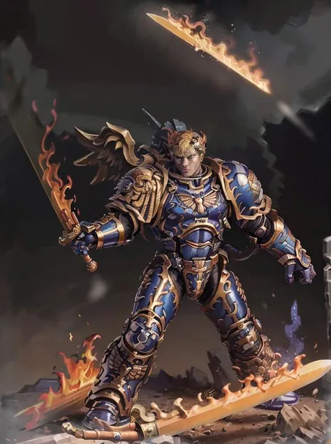 8K masterpiece, detailed, realistic, digital art, octane render, trending on artstation, action,
1man, 40 years old, battle aged, ((solo:1.5)), full body, blonde hair, blue eyes,
full armor, power armor, laurel wreath, metal halo, metal wings, pauldron, ((flaming sword:1.3))
desert wasteland, war background,
(guilliman:1),
<lora:Guilliman MK3 by Caraxes:0.7> <lora:artstyle - Miura_08:0.7>