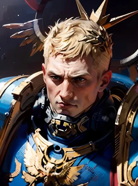 A space marine, he is tall handsome blonde, wears a Power armor, he holds a fire sword,(Guilliman:1) cinematc, ultra realistic, 8k