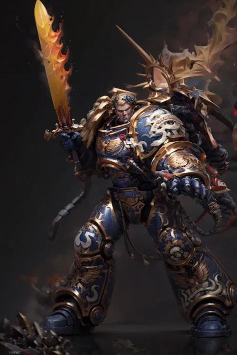 volumetric cinematic lighting, (highly detailed:1.4), digital render, smooth, sharp focus, full body 8k render, action shot, realistic reflections, cinematic composition,
1man, ((solo:1.3)),
helmet detail, helm detail, glowing red eyes, (tall stature:1.1)
guilliman,
ammunition belt, arm cannon, holding sword, flaming sword, full armor.
detailed armor, gold trimmings,
firing,
<lora:subject - Guilliman MK3 by Caraxes:0.5> <lora:Guilliman MK4.5 by CARAXES:0.7> <lora:tool - add_detail:0.5> <lora:artstyle - PrintGraphic_v1-0:0.5>