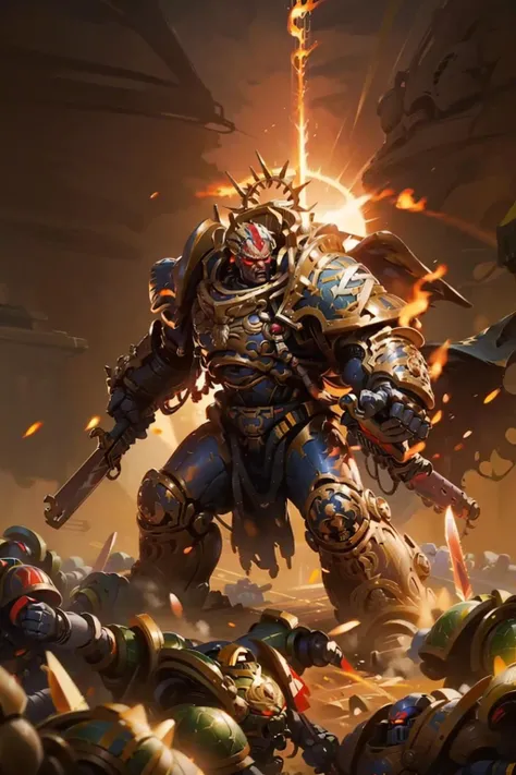 photo of 1boy, solo, angron, wearing armor, helm details, full armor, glowing red eyes, dual wielding, pauldron, gold armor, armor detail, laurel crown, bronze trimmings, holding sword, arm cannon, ammunition belt, 
battle, army, firing, gun, charging
standing by desert storm, sandstorm, dune, dark ambiance,  daawn, dim sun light,    <lora:Angron MK1 by CARAXES:0.6> <lora:Guilliman MK1 by CARAXES:0.7>