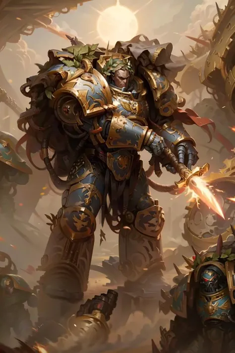 photo of 1boy, solo, horus, wearing armor, shoulder cannon, full armor, pauldron, gold armor, armor detail, laurel crown, bronze trimmings, holding sword, arm cannon, ammunition belt,
tall stature,
battle, army, firing, gun, charging
standing by desert storm, sandstorm, dune, dark ambiance, dawn, dim sun light, <lora:Guilliman MK4.5 by CARAXES:0.7> <lora:Horus MK1 by CARAXES:0.65>