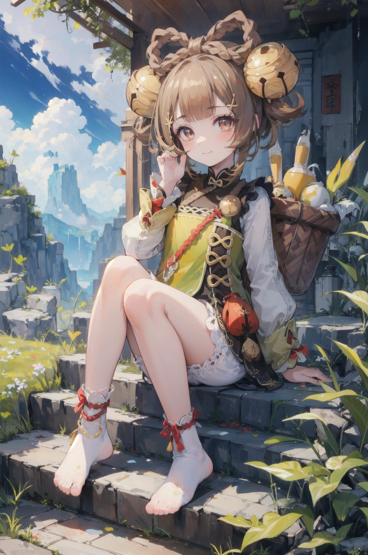 (best quality),(Masterpiece),dynamic angle,(extreme detailed illustration),(extremely detailed CG unity 8k wallpaper),amazing,Depth of field,(highly detailed),((an extremely delicate and beautiful)),((1girl)),((extremely detailed eyes and face)),yaoyaodef,full body, sitting, smile, blush, outdoors, day, simple background, arm up, basket, blue sky, short hair, sky, temple, looking at viewer, sitting on stairs, mountain, moody lighting, bloomers,
