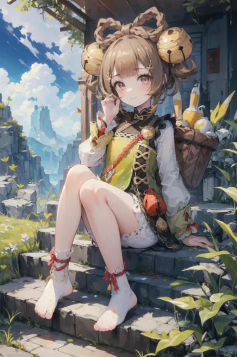 (best quality),(Masterpiece),dynamic angle,(extreme detailed illustration),(extremely detailed CG unity 8k wallpaper),amazing,Depth of field,(highly detailed),((an extremely delicate and beautiful)),((1girl)),((extremely detailed eyes and face)),yaoyaodef,full body, sitting, smile, blush, outdoors, day, simple background, arm up, basket, blue sky, short hair, sky, temple, looking at viewer, sitting on stairs, mountain, moody lighting, bloomers,