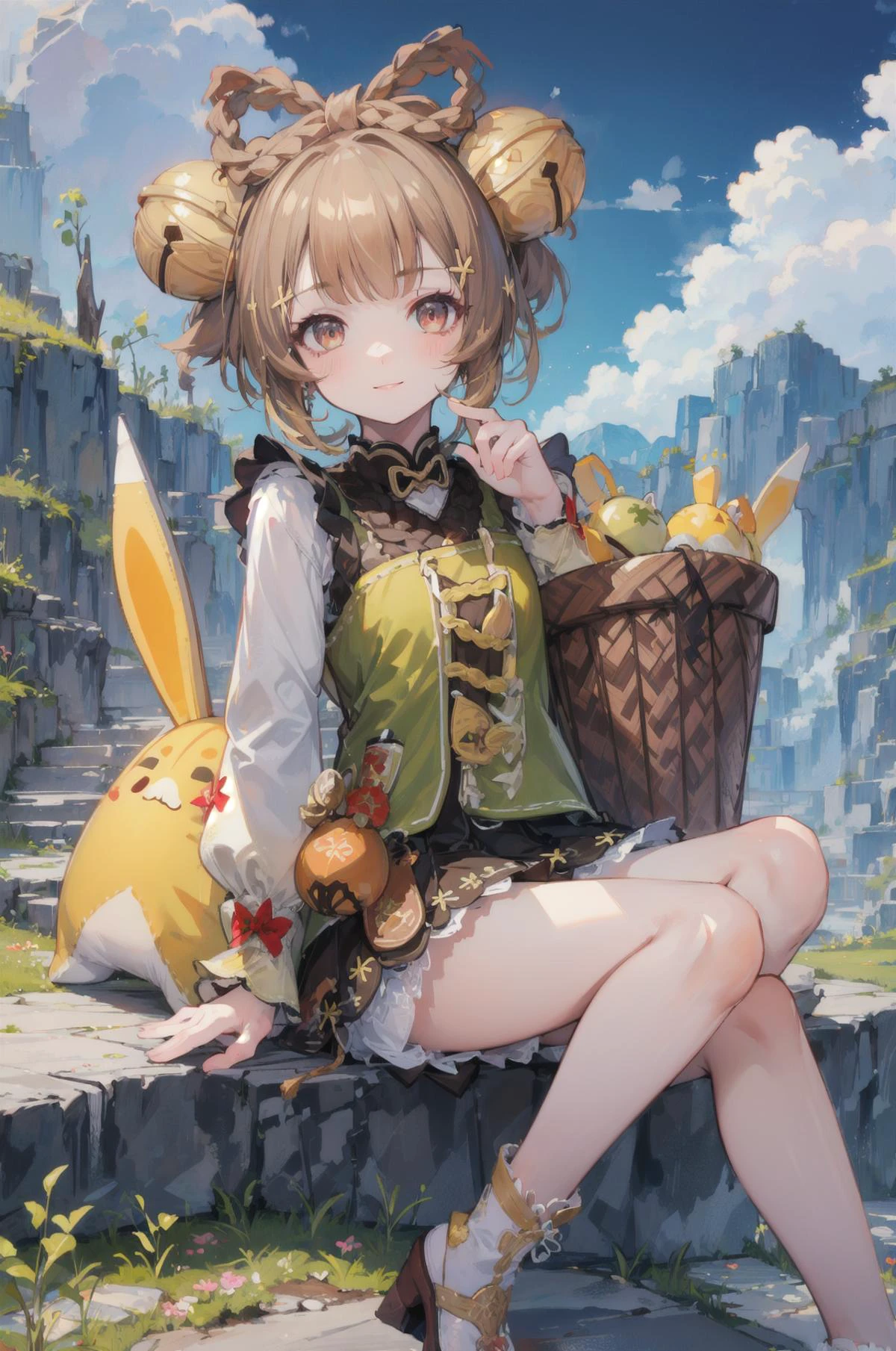 (best quality),(Masterpiece),dynamic angle,(extreme detailed illustration),(extremely detailed CG unity 8k wallpaper),amazing,Depth of field,(highly detailed),((an extremely delicate and beautiful)),((1girl)),((extremely detailed eyes and face)),yaoyaodef,full body, sitting, smile, blush, outdoors, day, simple background, arm up, basket, blue sky, short hair, sky, temple, looking at viewer, sitting on stairs, mountain, moody lighting, bloomers,
