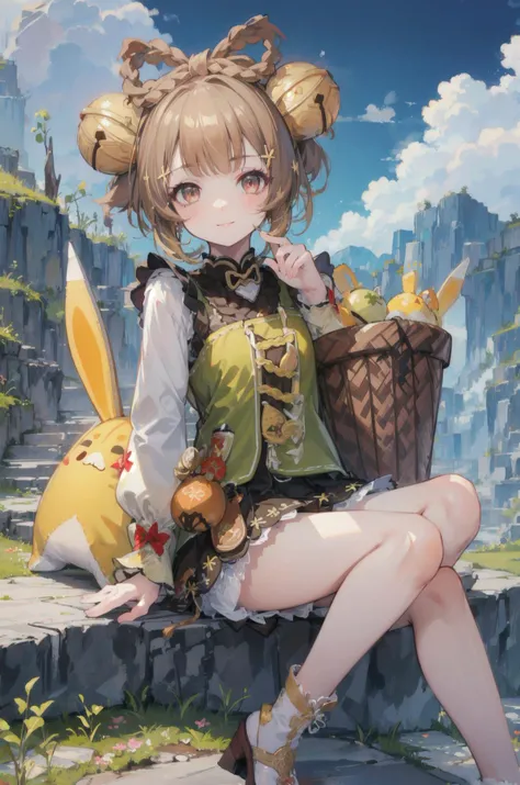 (best quality),(Masterpiece),dynamic angle,(extreme detailed illustration),(extremely detailed CG unity 8k wallpaper),amazing,Depth of field,(highly detailed),((an extremely delicate and beautiful)),((1girl)),((extremely detailed eyes and face)),yaoyaodef,full body, sitting, smile, blush, outdoors, day, simple background, arm up, basket, blue sky, short hair, sky, temple, looking at viewer, sitting on stairs, mountain, moody lighting, bloomers,