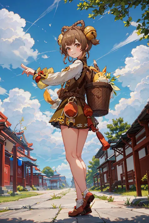 yaoyaodef, full body, child,  standing, smile, outdoors, day, pose,  basket, blue sky, short hair, sky, Chinese temple, looking at viewer,  full body, <lora:yaoyaoGenshinImpact_v10:0.75>