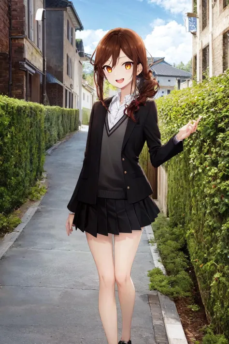 masterpiece, best quality, horikyouko, 1girl, high school girl, uniform, side braids, bare legs, full body, black skirt, black jacket, ((manga style)), smile, open mouth, teeth,